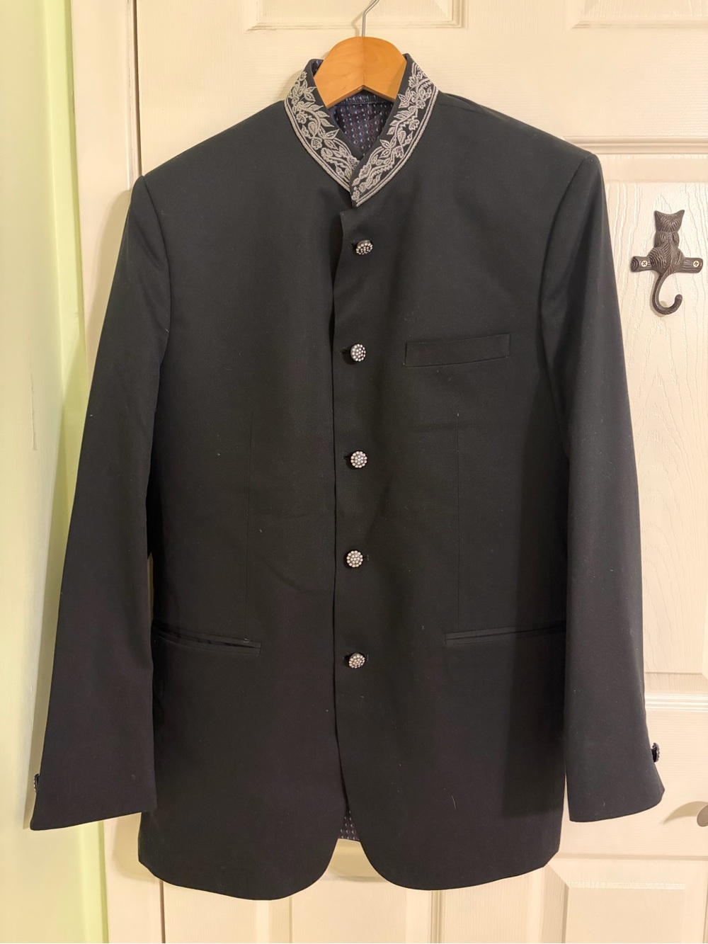 Men's Black Shewani/ Mandarin Collar Blazer with Embroidered Trim